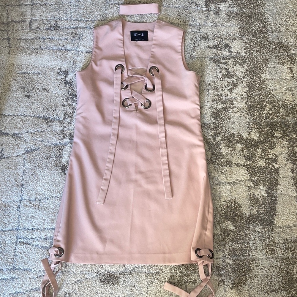 Sold❌Pink Plain Deep V Neck Cross String Eyelet Lace Up Sleeveless dress